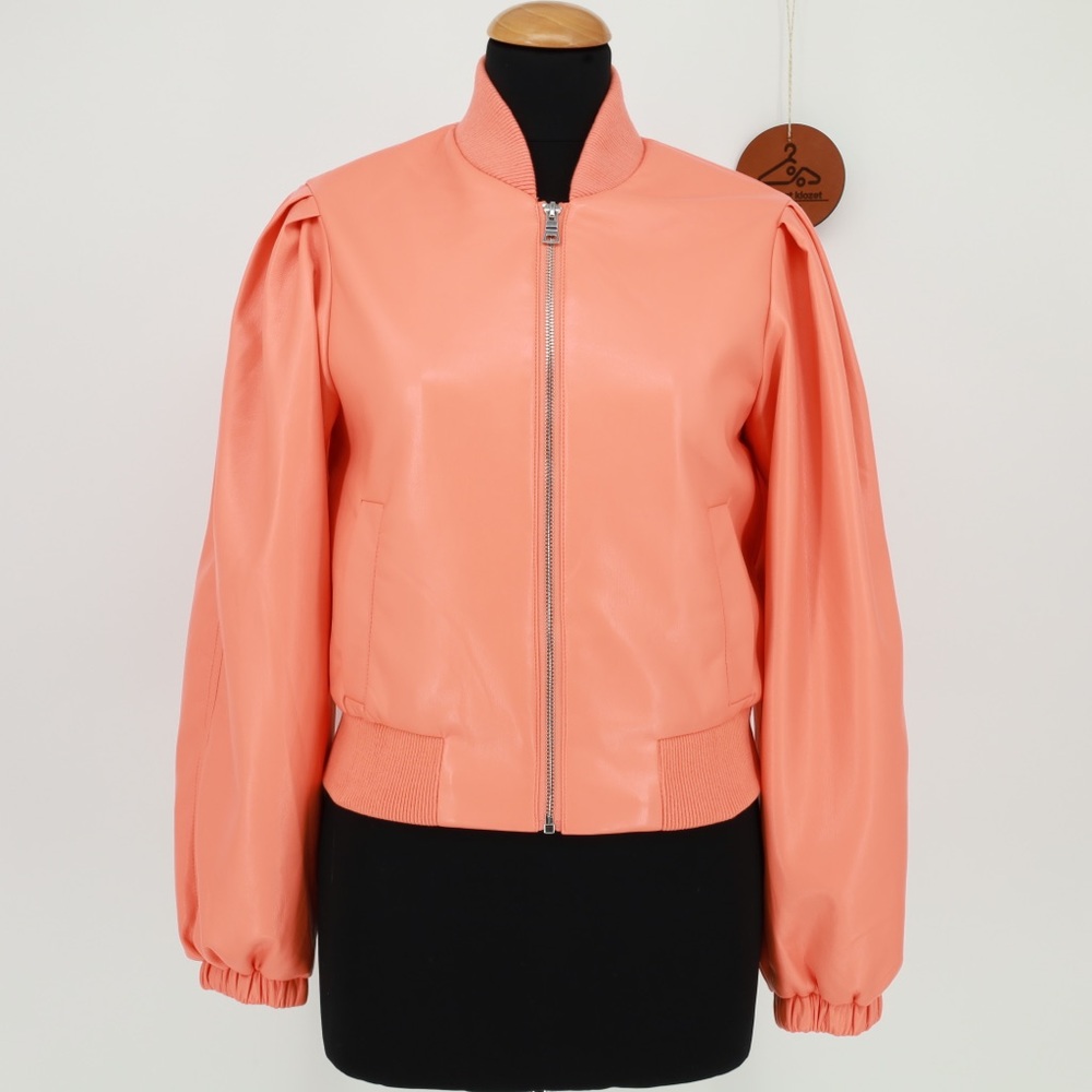 House of Harlow 1960 Faux Leather Bomber Jacket Coral Puff Sleeve Size‎ XS NWT